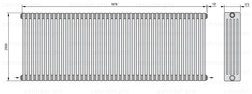 Схема (чертеж) Радиатор Zehnder Charleston 5250/43 №2670 Белый глянцевый RAL 9016